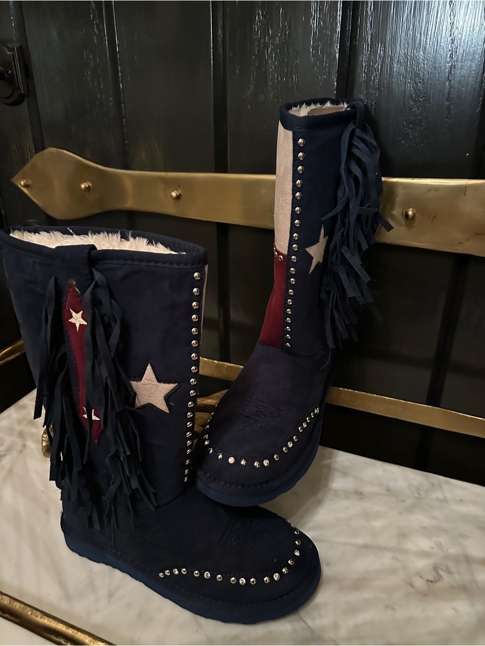 MONTANA WEST Suede Leather Western slide fur Boots Rodeo studded fringe Navy 7